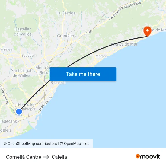 Cornellà Centre to Calella map