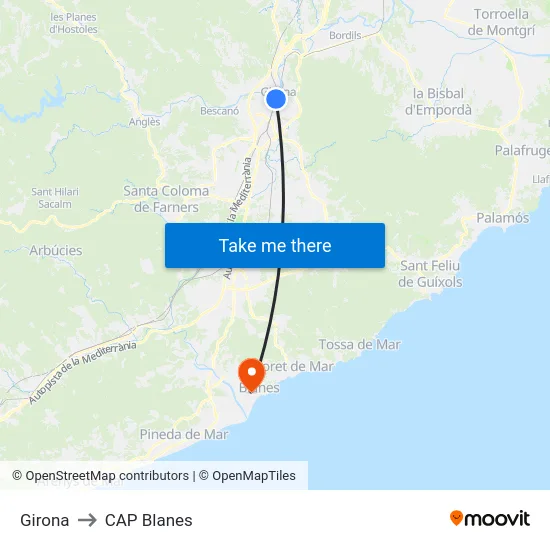 Girona to CAP Blanes map