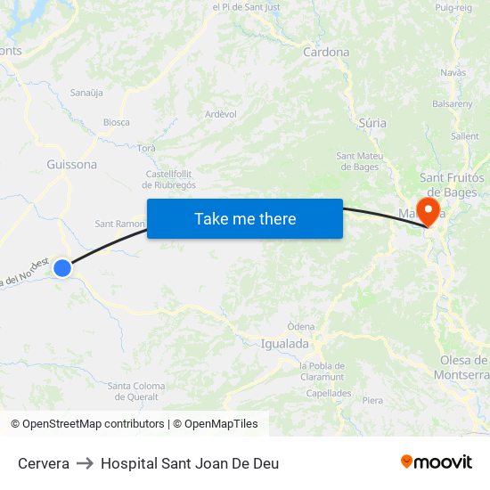 Cervera to Hospital Sant Joan De Deu map