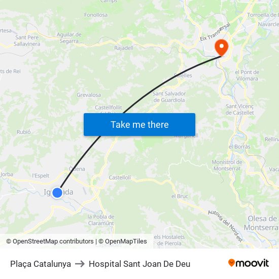 Plaça Catalunya to Hospital Sant Joan De Deu map
