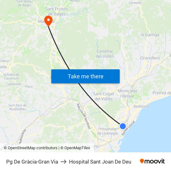 Pg De Gràcia-Gran Via to Hospital Sant Joan De Deu map
