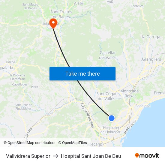 Vallvidrera Superior to Hospital Sant Joan De Deu map
