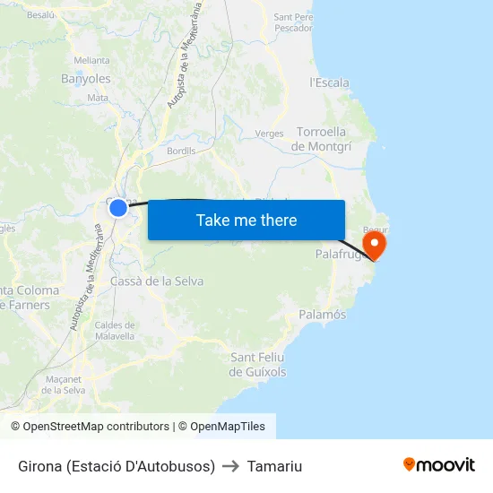 Girona (Estació D'Autobusos) to Tamariu map