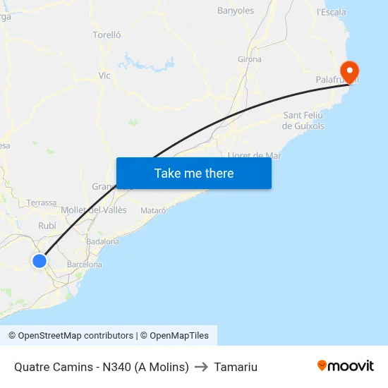 Quatre Camins - N340 (A Molins) to Tamariu map