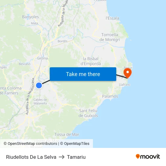 Riudellots De La Selva to Tamariu map