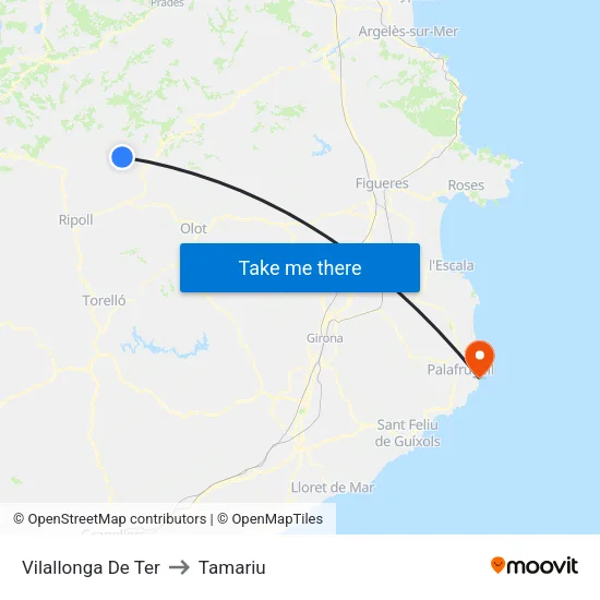 Vilallonga De Ter to Tamariu map