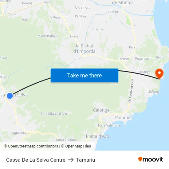 Cassà De La Selva Centre to Tamariu map