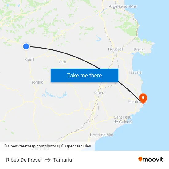 Ribes De Freser to Tamariu map