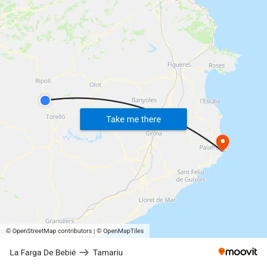 La Farga De Bebié to Tamariu map