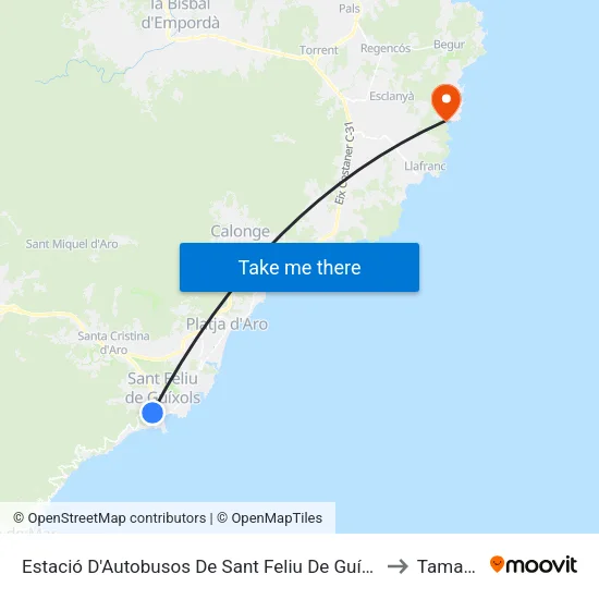 Estació D'Autobusos De Sant Feliu De Guíxols to Tamariu map