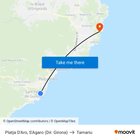 Platja D'Aro, S'Agaro (Dir. Girona) to Tamariu map