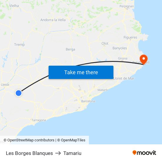Les Borges Blanques to Tamariu map