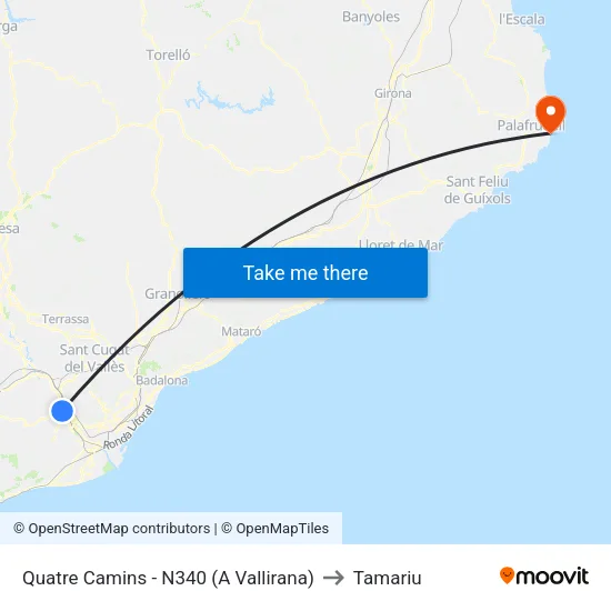 Quatre Camins - N340 (A Vallirana) to Tamariu map