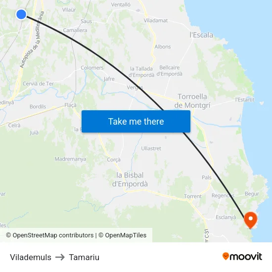 Vilademuls to Tamariu map