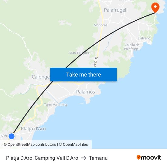 Platja D'Aro, Camping Vall D'Aro to Tamariu map