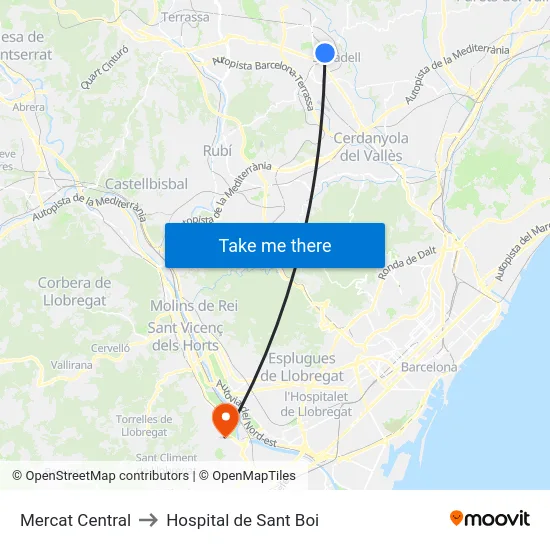Mercat Central to Hospital de Sant Boi map