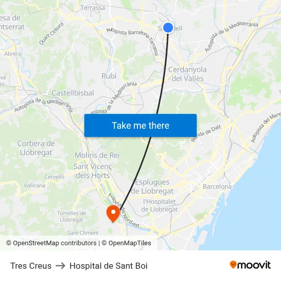 Tres Creus to Hospital de Sant Boi map