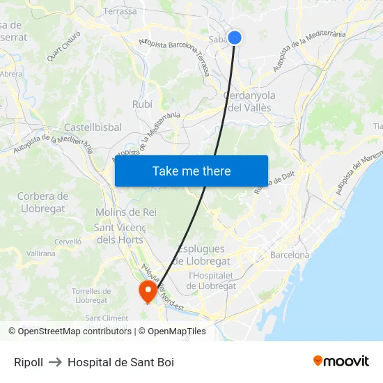 Ripoll to Hospital de Sant Boi map