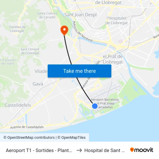 Aeroport T1 - Sortides - Planta 3 to Hospital de Sant Boi map