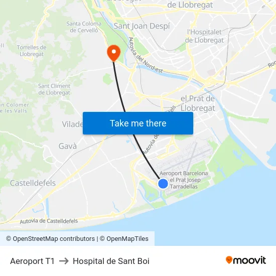 Aeroport T1 to Hospital de Sant Boi map