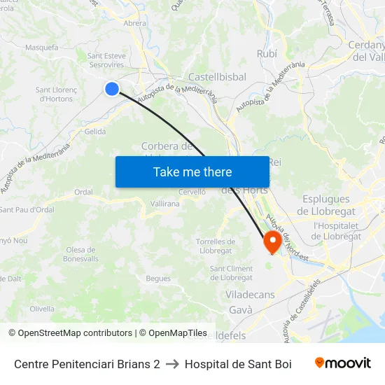 Centre Penitenciari Brians 2 to Hospital de Sant Boi map