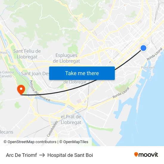 Arc De Triomf to Hospital de Sant Boi map