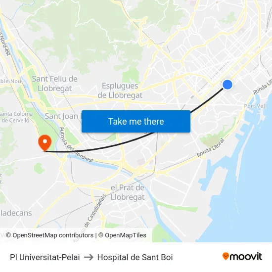 Pl Universitat-Pelai to Hospital de Sant Boi map