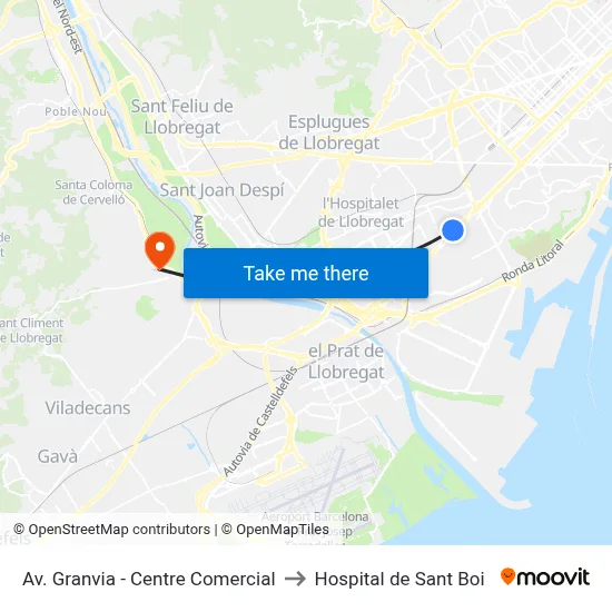 Av. Granvia - Centre Comercial to Hospital de Sant Boi map