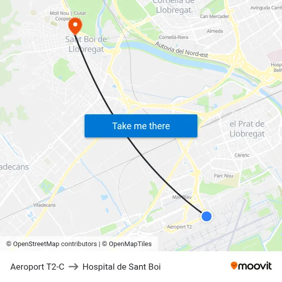 Aeroport T2 C to Hospital de Sant Boi map