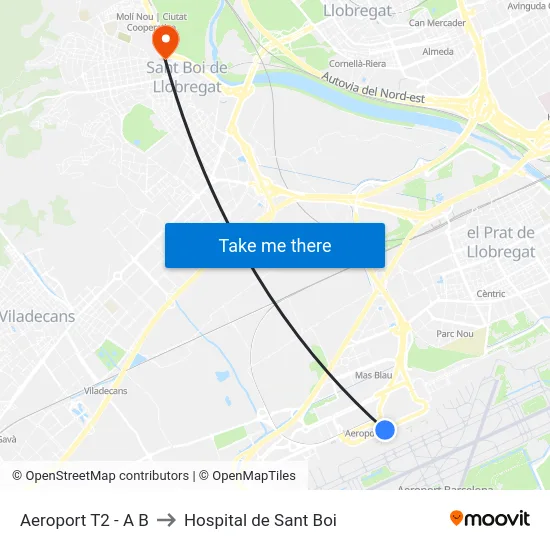 Aeroport T2 - A B to Hospital de Sant Boi map