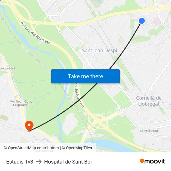 Estudis Tv3 to Hospital de Sant Boi map
