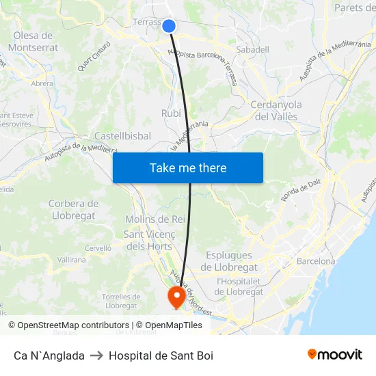 Ca N`Anglada to Hospital de Sant Boi map