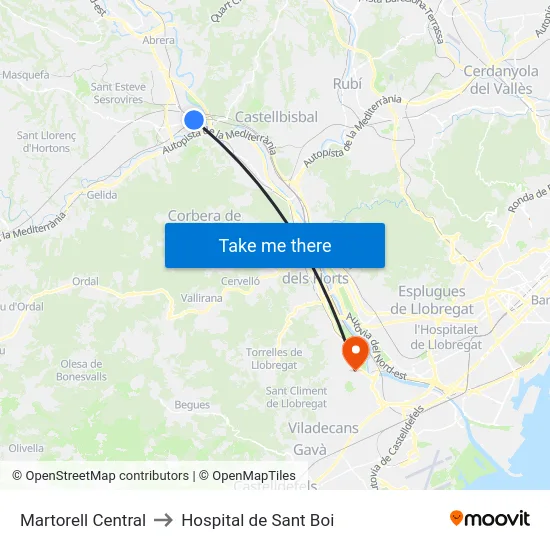 Martorell Central to Hospital de Sant Boi map