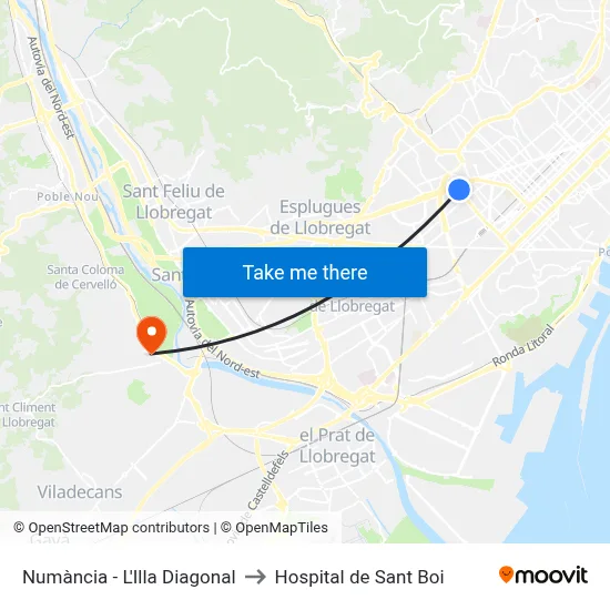 Numància - L'Illa Diagonal to Hospital de Sant Boi map