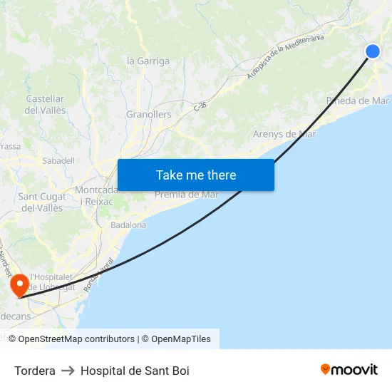 Tordera to Hospital de Sant Boi map