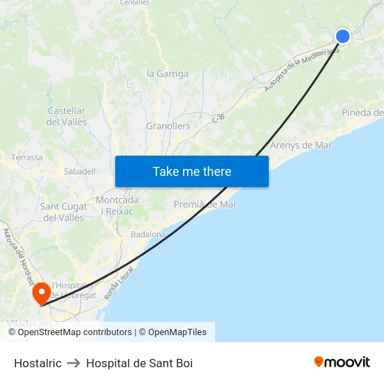 Hostalric to Hospital de Sant Boi map