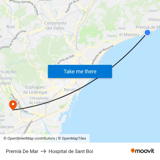 Premià De Mar to Hospital de Sant Boi map