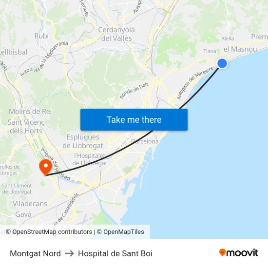 Montgat Nord to Hospital de Sant Boi map