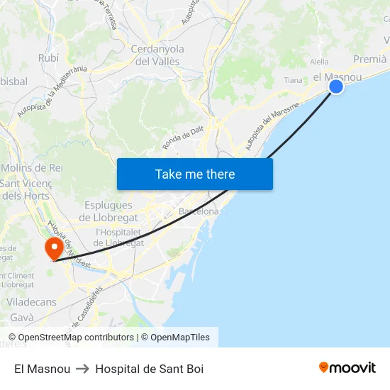 El Masnou to Hospital de Sant Boi map