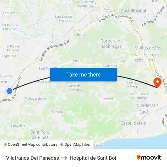 Vilafranca Del Penedès to Hospital de Sant Boi map
