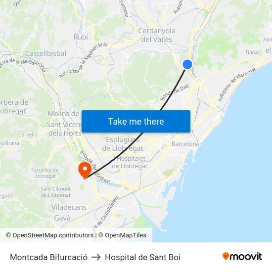 Montcada Bifurcació to Hospital de Sant Boi map