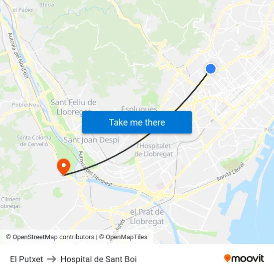 El Putxet to Hospital de Sant Boi map