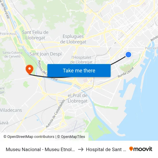 Museu Nacional - Museu Etnològic to Hospital de Sant Boi map