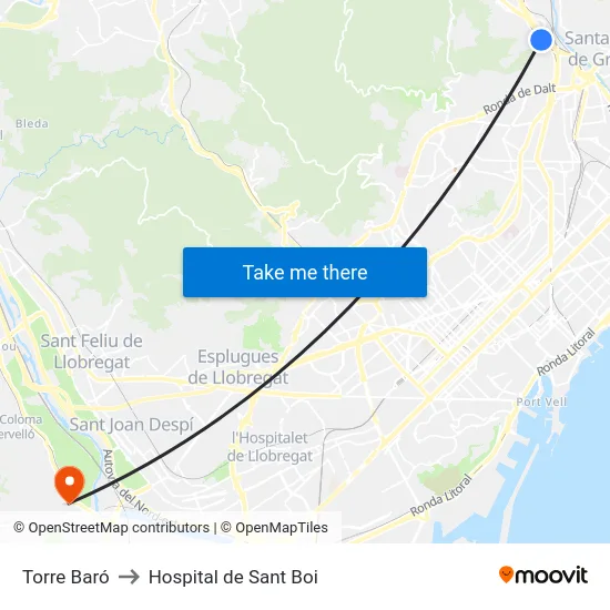 Torre Baró to Hospital de Sant Boi map