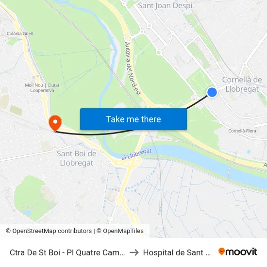 Ctra De St Boi - Pl Quatre Camins to Hospital de Sant Boi map