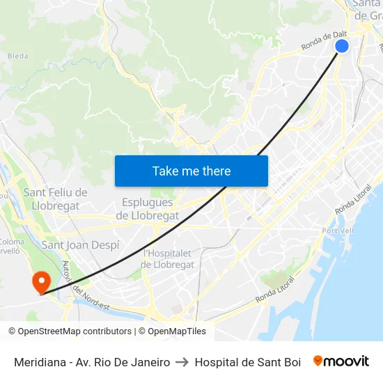 Meridiana - Av. Rio De Janeiro to Hospital de Sant Boi map