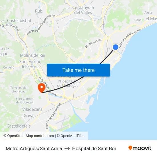 Metro Artigues/Sant Adrià to Hospital de Sant Boi map