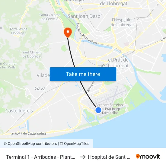 Terminal 1 - Arribades -  Planta 0 to Hospital de Sant Boi map