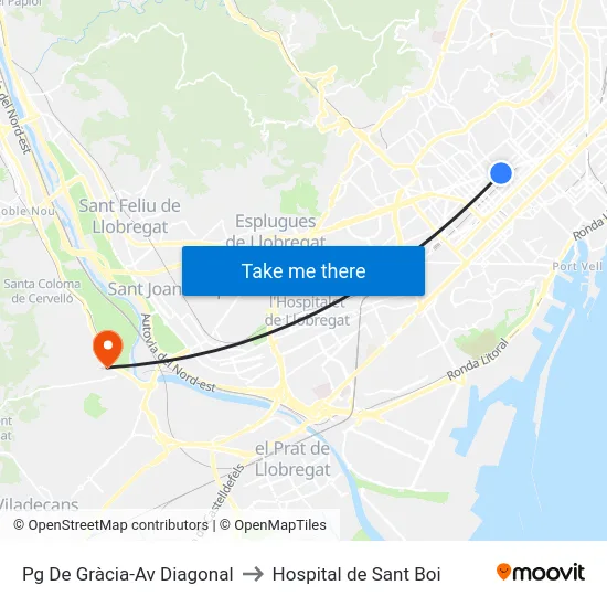 Pg De Gràcia-Av Diagonal to Hospital de Sant Boi map