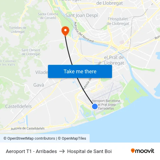 Aeroport T1 - Arribades to Hospital de Sant Boi map